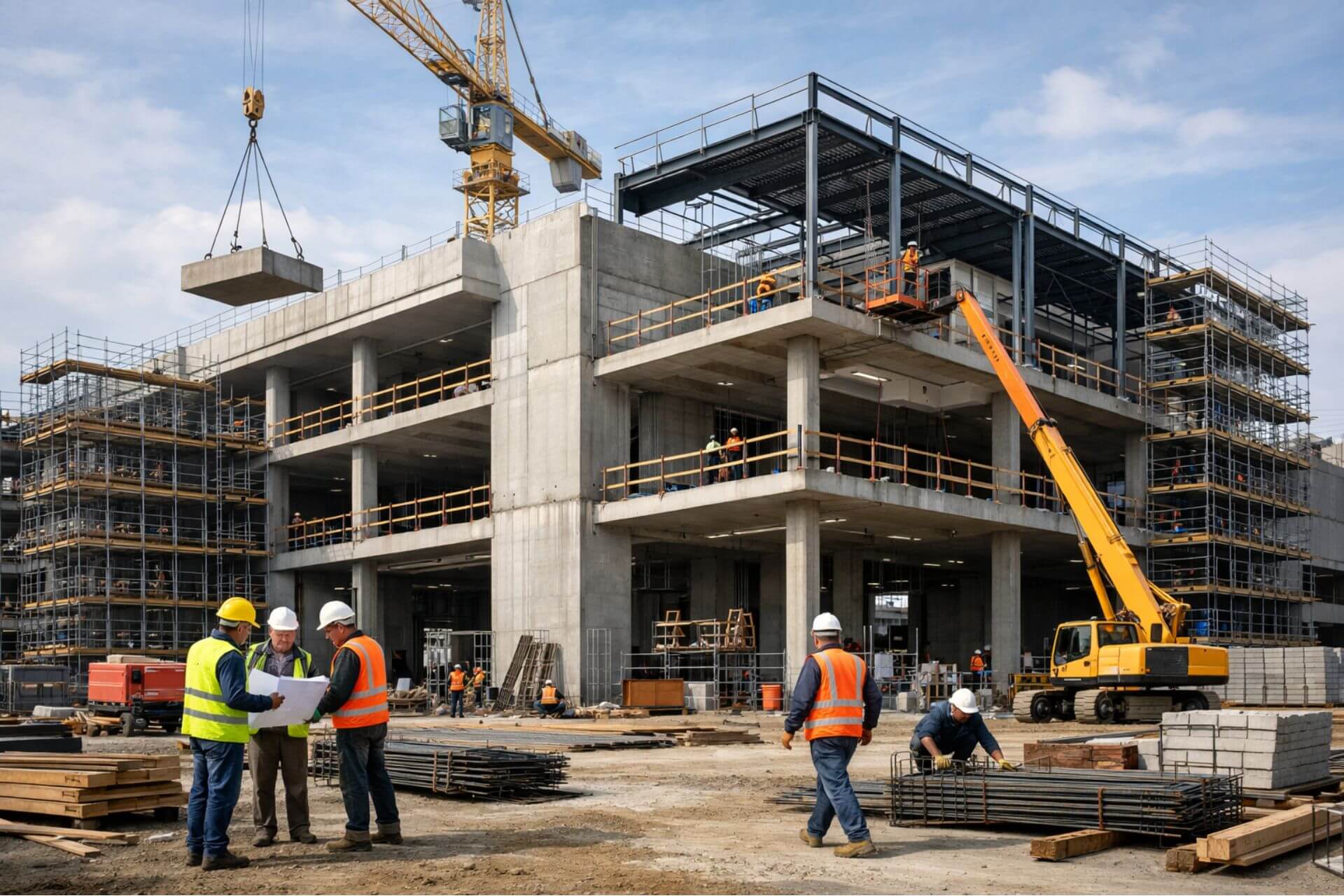 Realizacja budynku komercyjnego w technologii żelbetowej, prace konstrukcyjne i nadzór inżynieryjny na placu budowy