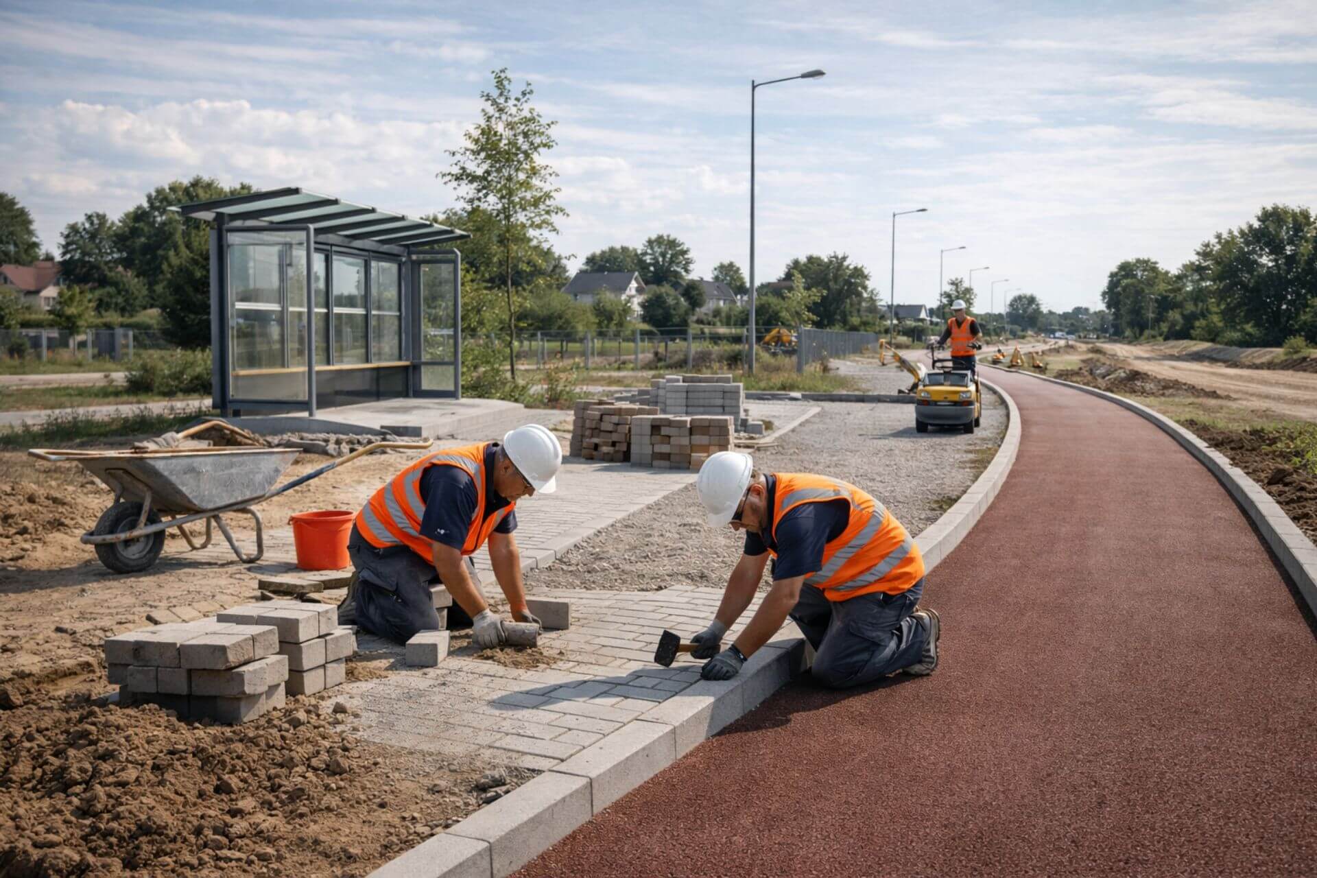 Budowa chodnika i ścieżki rowerowej, układanie kostki brukowej i wykończenie infrastruktury miejskiej