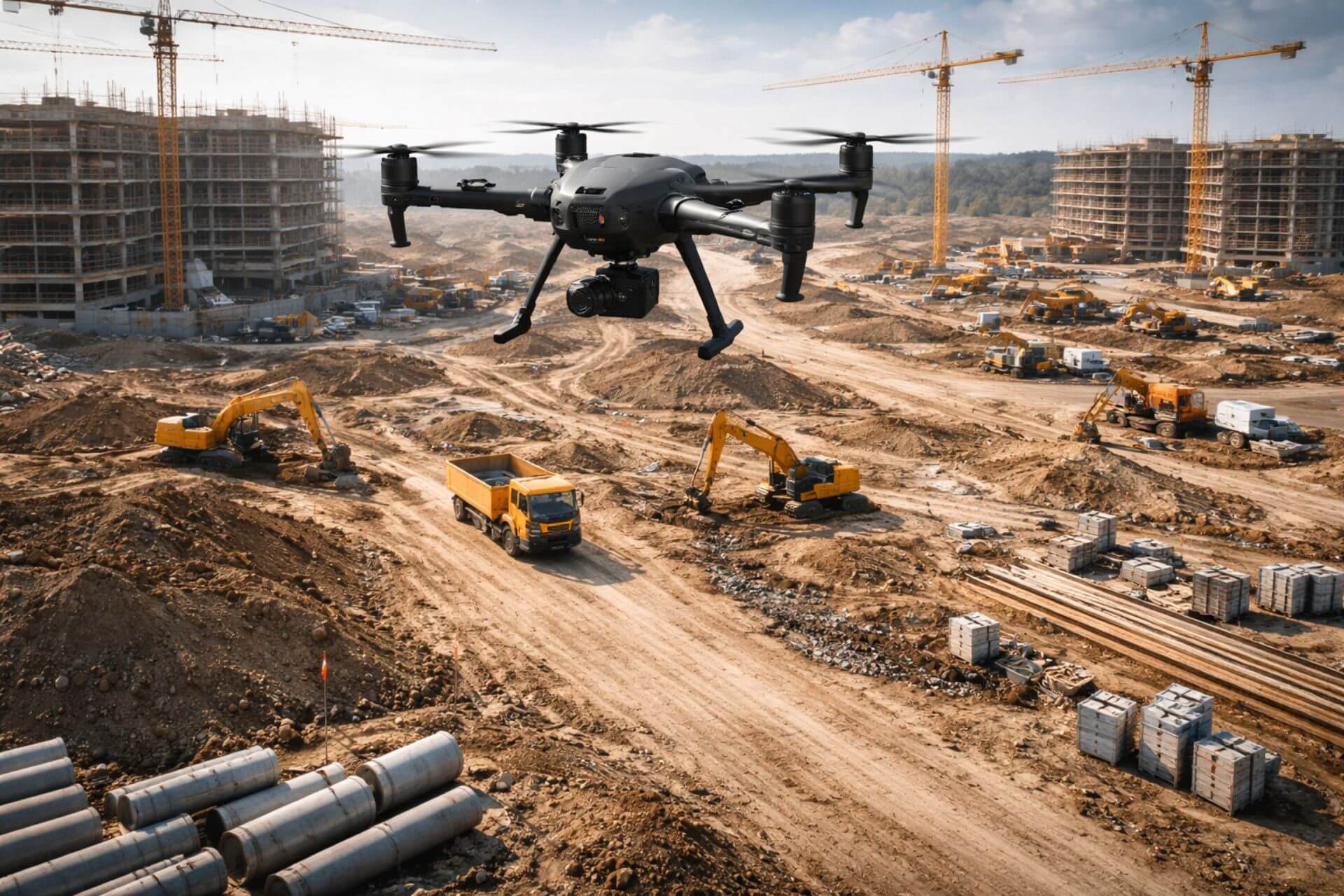 Dron wykonuje dokumentację placu budowy i postępu prac ziemnych