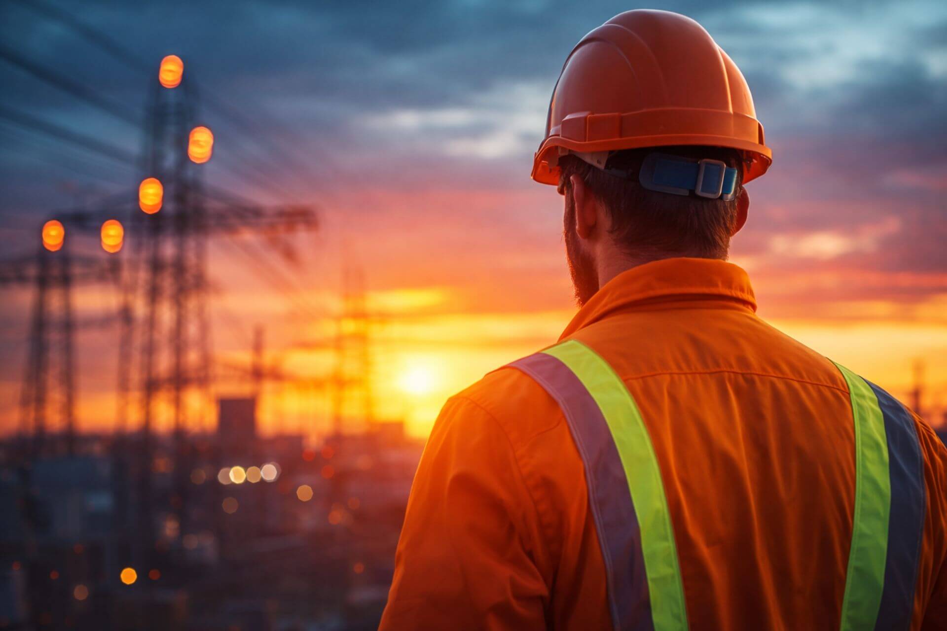 Pracownik budowlany obserwujący sieci elektroenergetyczne i infrastrukturę techniczną