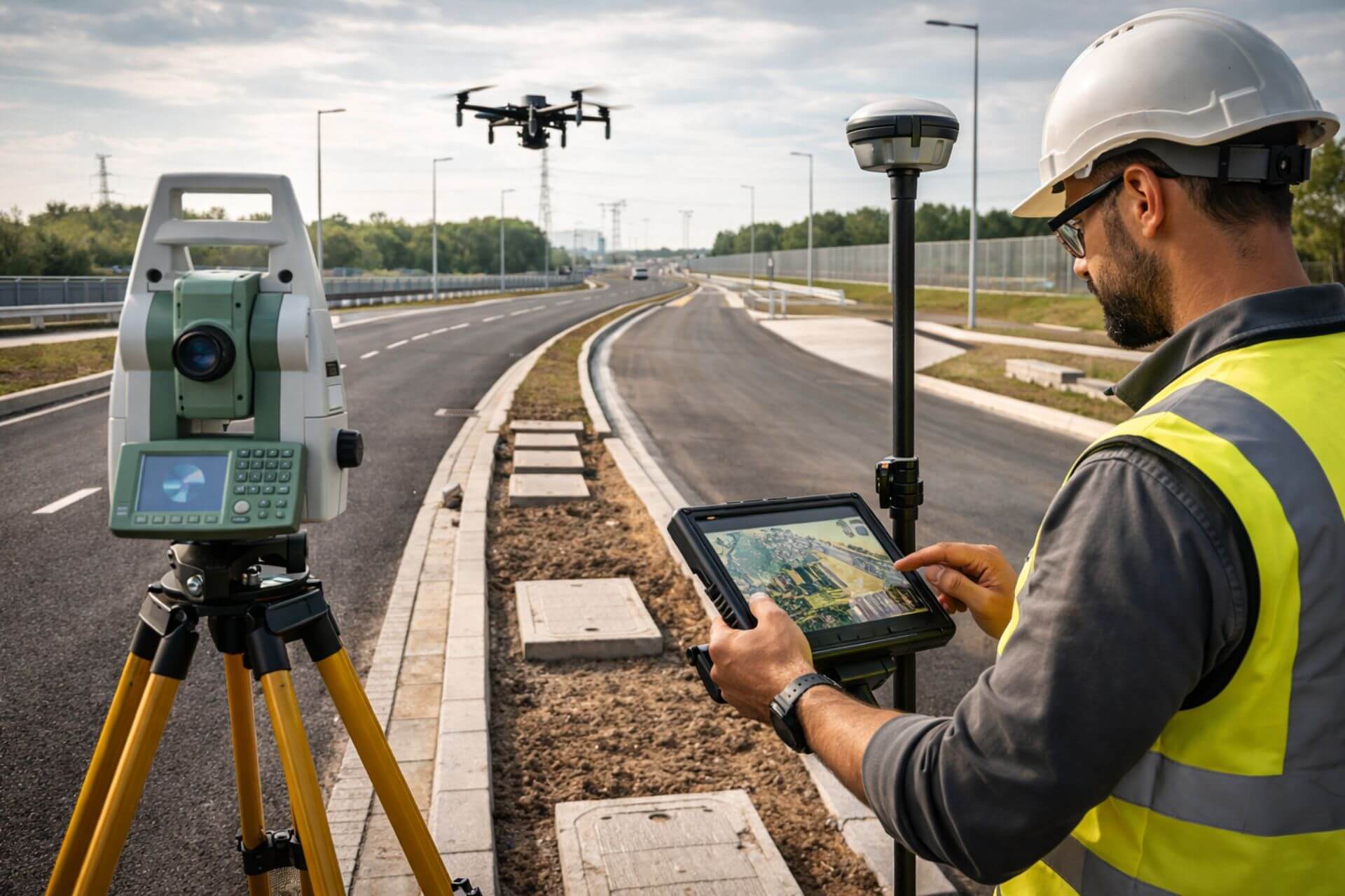 Pomiary powykonawcze drogi wykonane przez geodetę z użyciem tachimetru i GNSS w APCOM DEVELOPMENT
