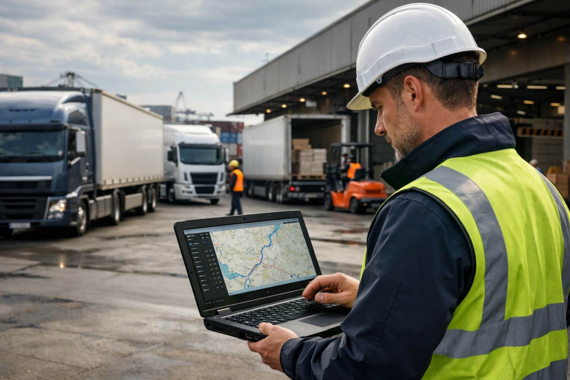Spedycja, nowoczesna logistyka transportowa, flota samochodów ciężarowych i koordynacja transportu na terminalu