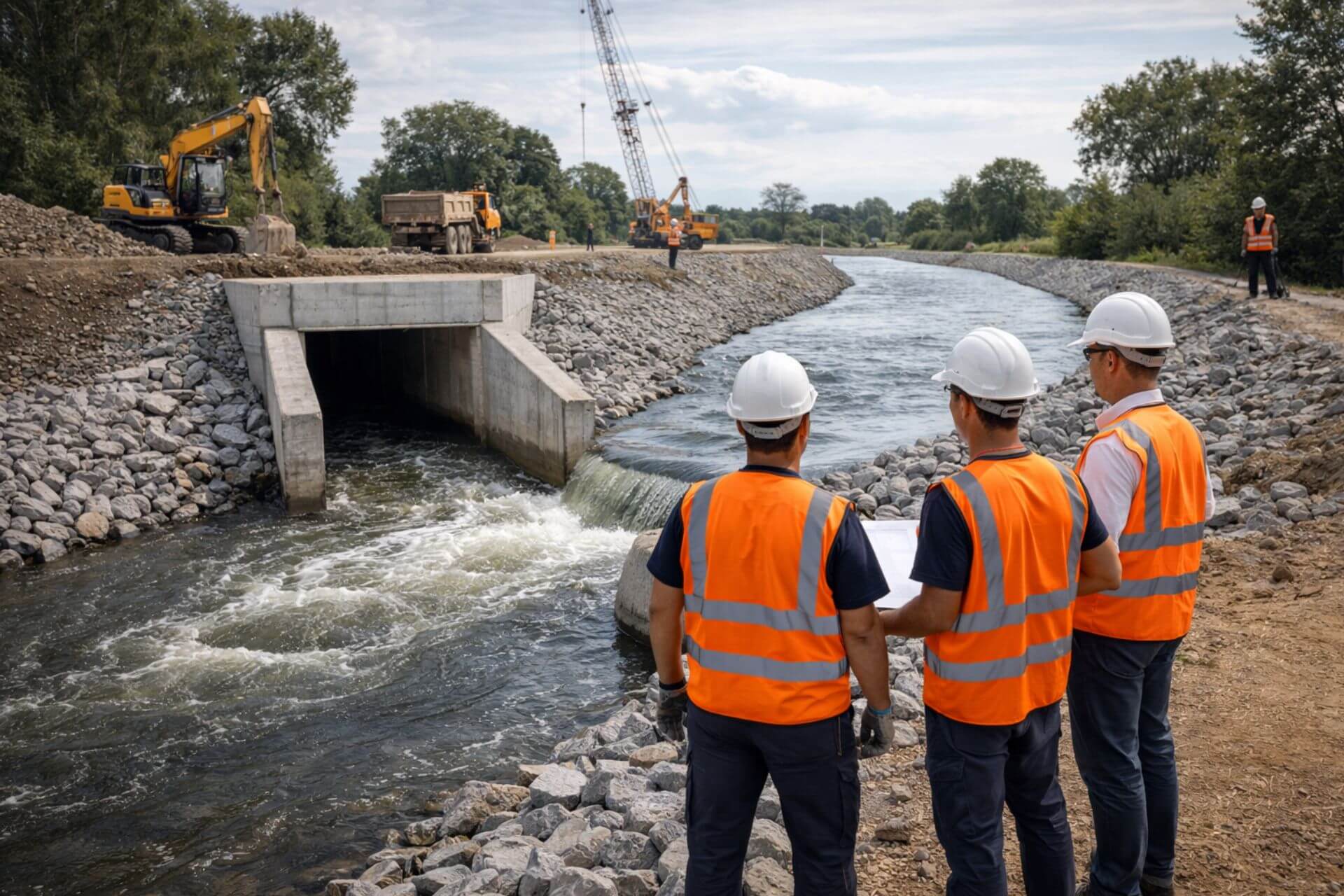 Budowa obiektu hydrotechnicznego, kanał wodny i przepust z umocnieniem brzegów, prace inżynieryjne przy inwestycji