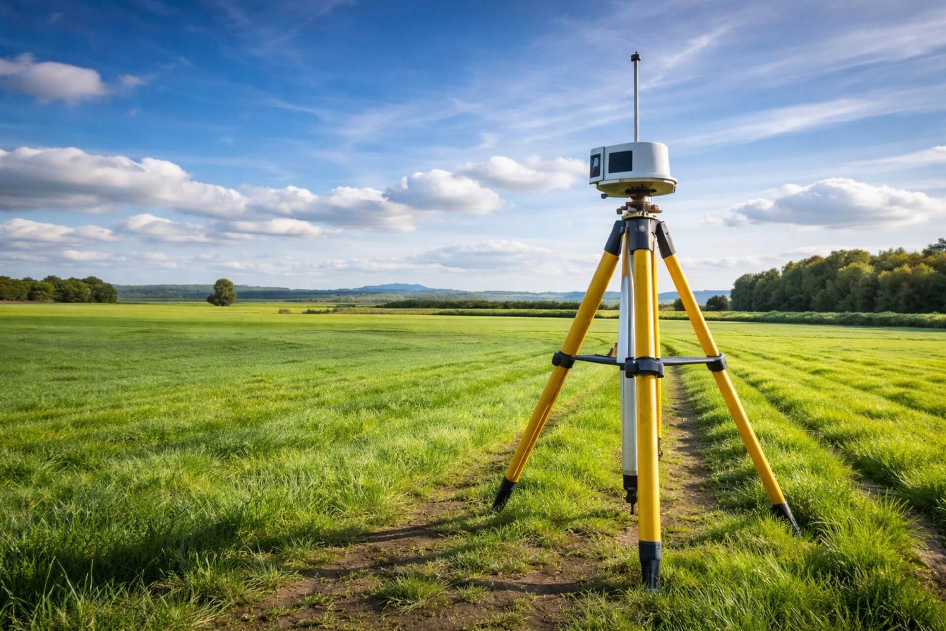 Skaner laserowy na statywie podczas pomiarów terenowych na otwartym obszarze