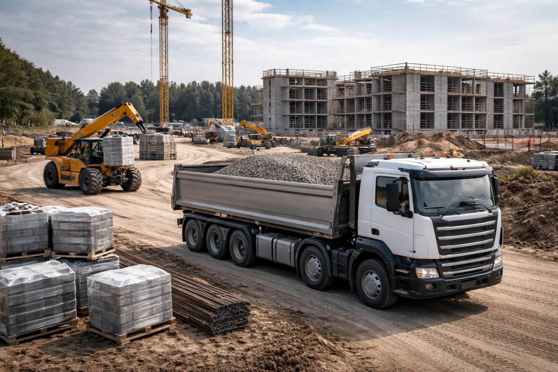 Transport materiałów budowlanych na plac budowy, ciężarówka z kruszywem i zaplecze inwestycyjne